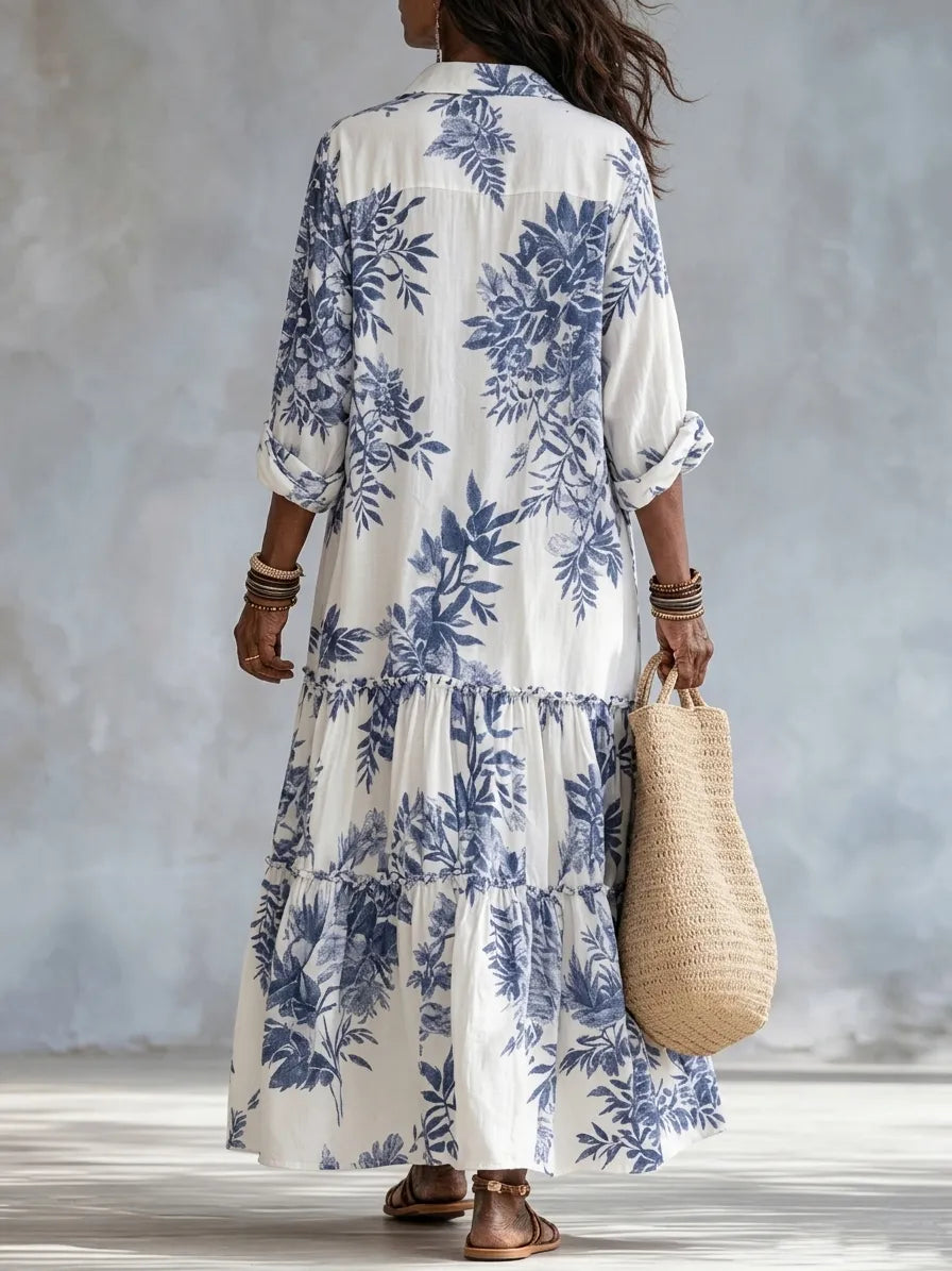 Bohemian Blue Floral Button-Down Maxi Dress