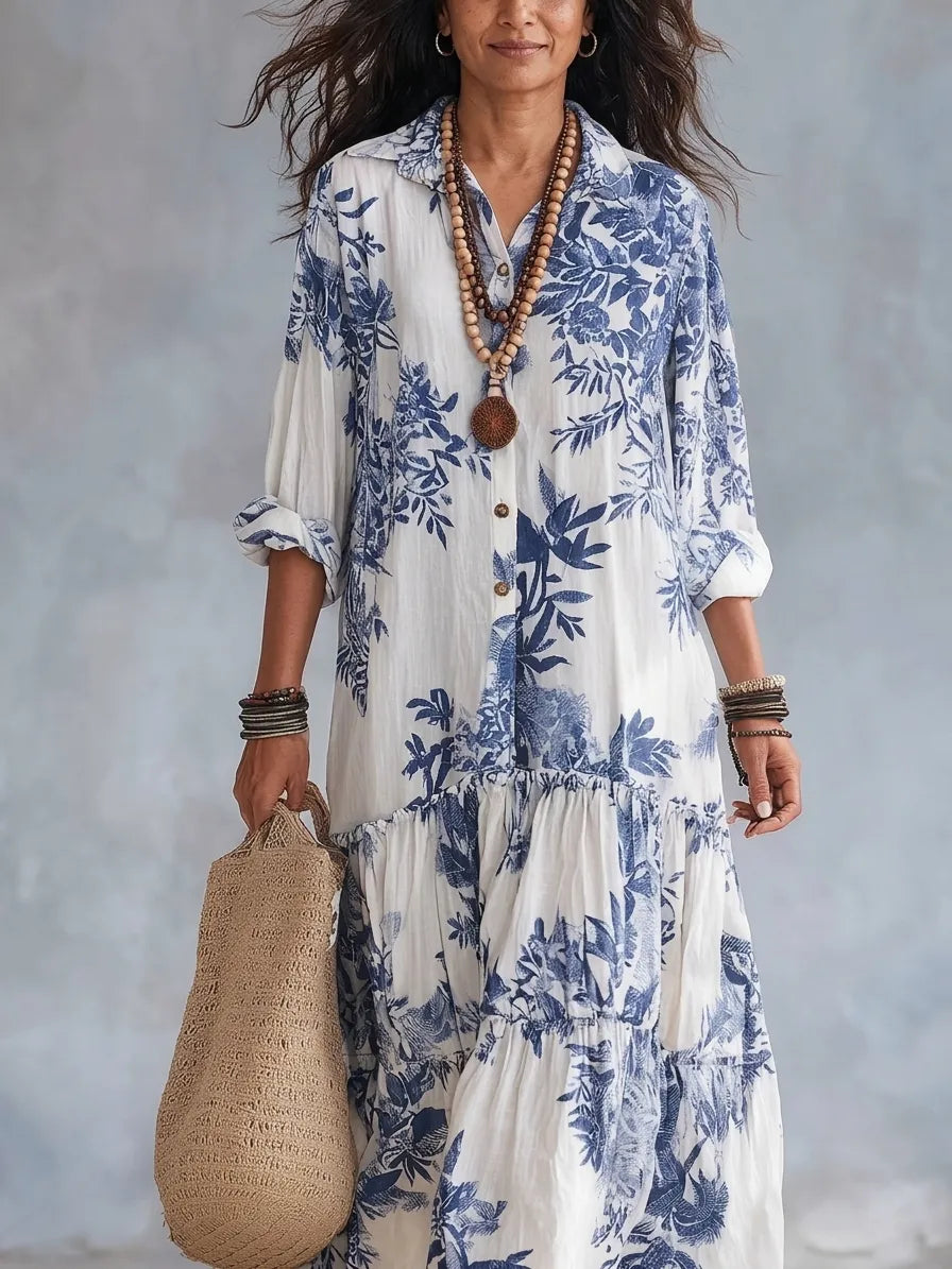 Bohemian Blue Floral Button-Down Maxi Dress