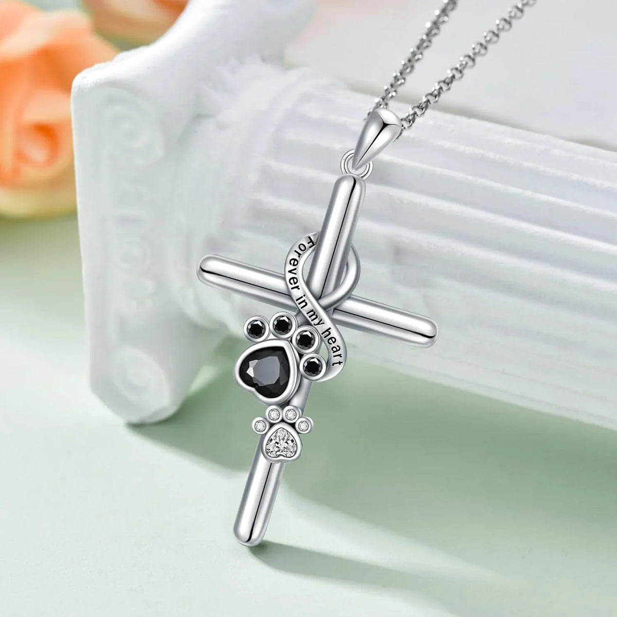 Silver Paw & Cross Necklace