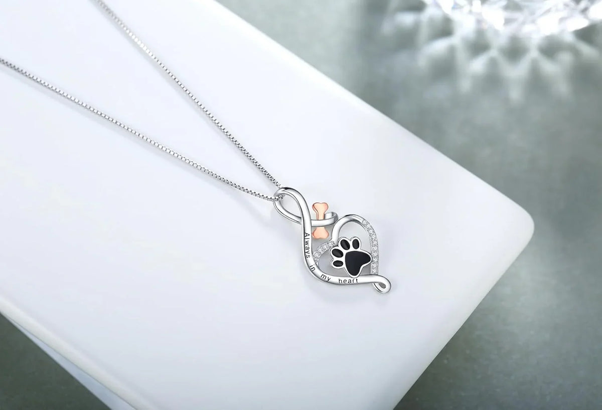 Lucky Paw Necklace with Heart, Bone & Infinity – “Always in My Heart” Pendant