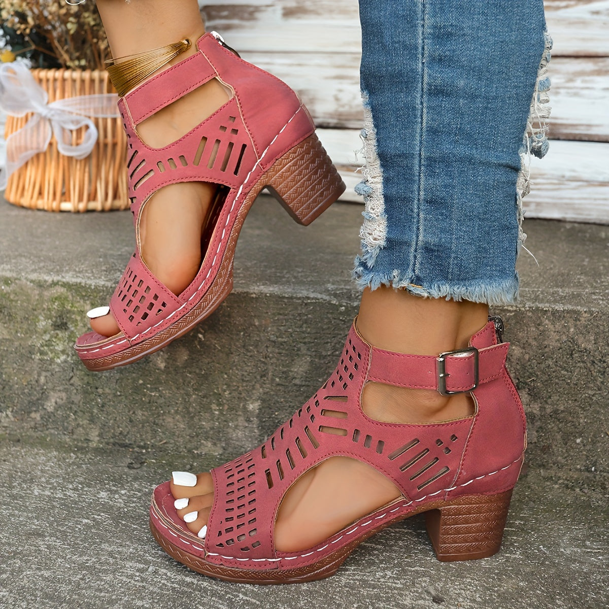 Fenella | Laser-Cut Block Heel Sandals