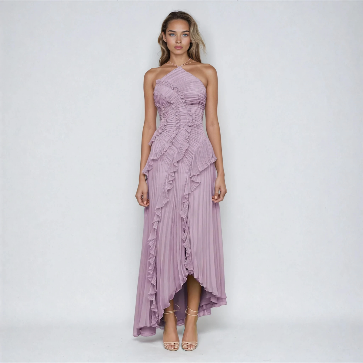Ondina | Pleated Halter Hi-Low Maxi Dress