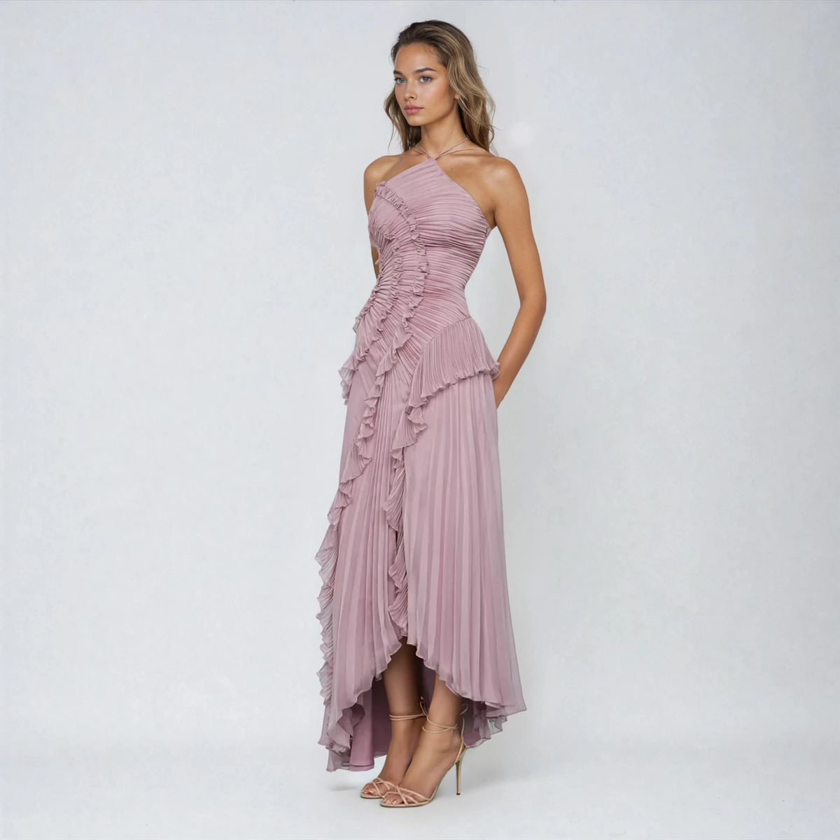 Ondina | Pleated Halter Hi-Low Maxi Dress