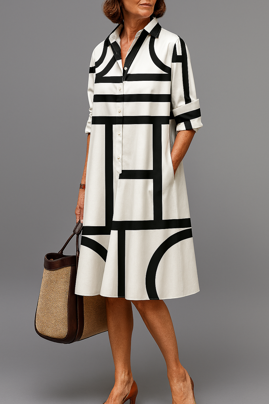 Odette | Geometric Print Shirt Midi Dress