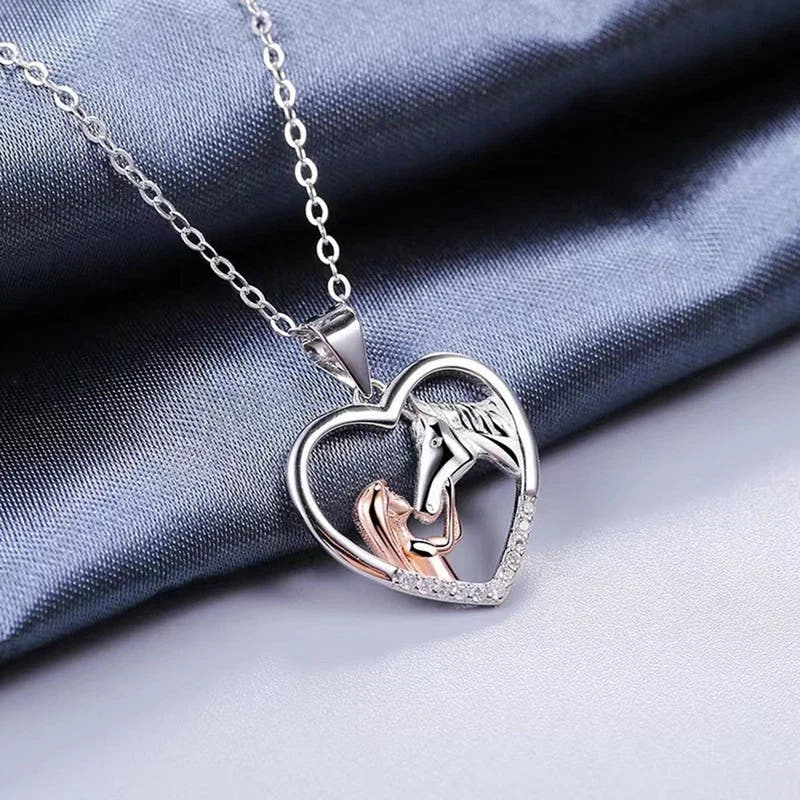 Beautiful Heart Zircon Girl and Horse Necklace