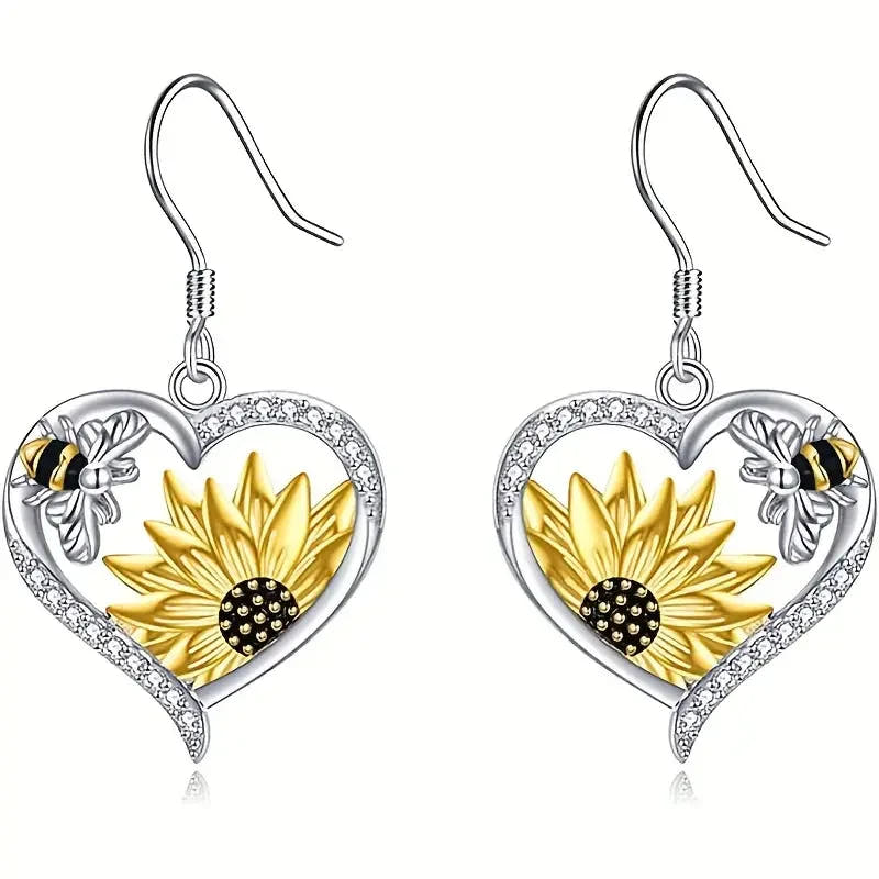 Vintage Boho Sunflower & Bee Heart Dangle Earrings