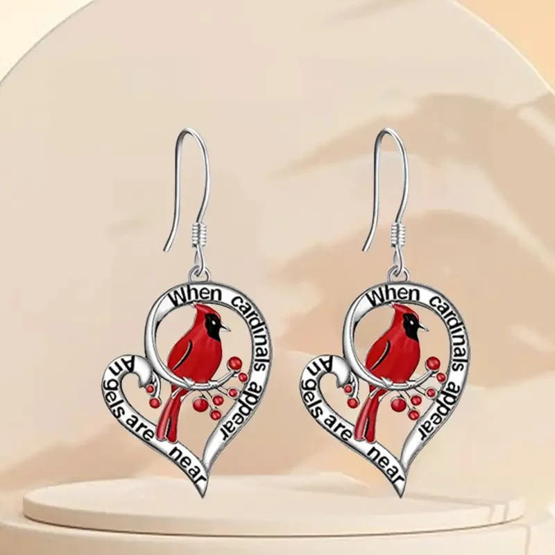 Cardinal Memorial Earrings – “When Cardinals Appear, Angels Are Near” Heart Drop Design