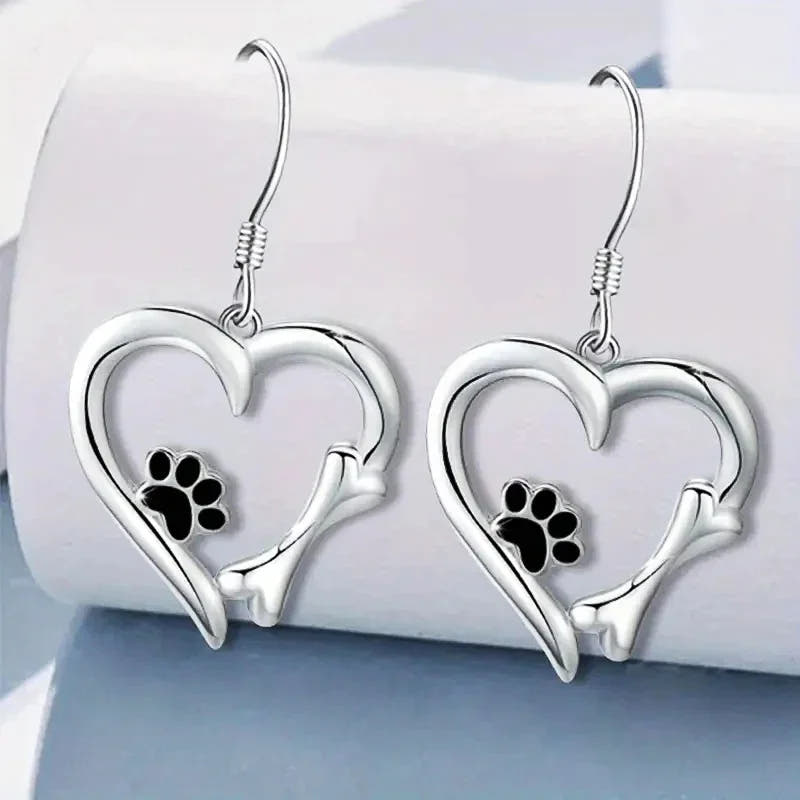 Silver Drop Earrings with Heart & Paw Design