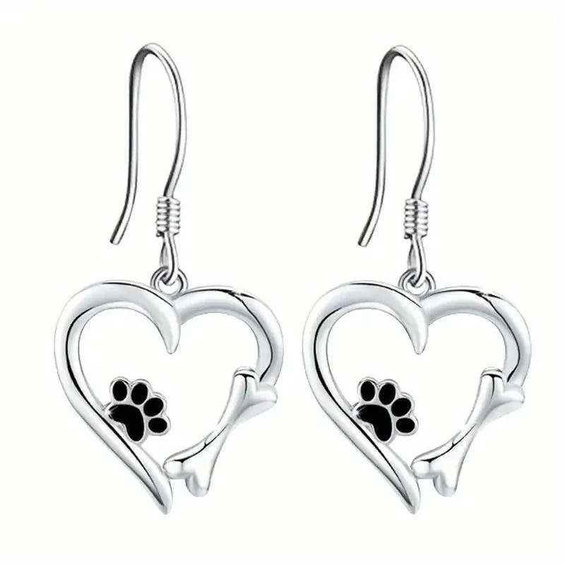 Silver Drop Earrings with Heart & Paw Design