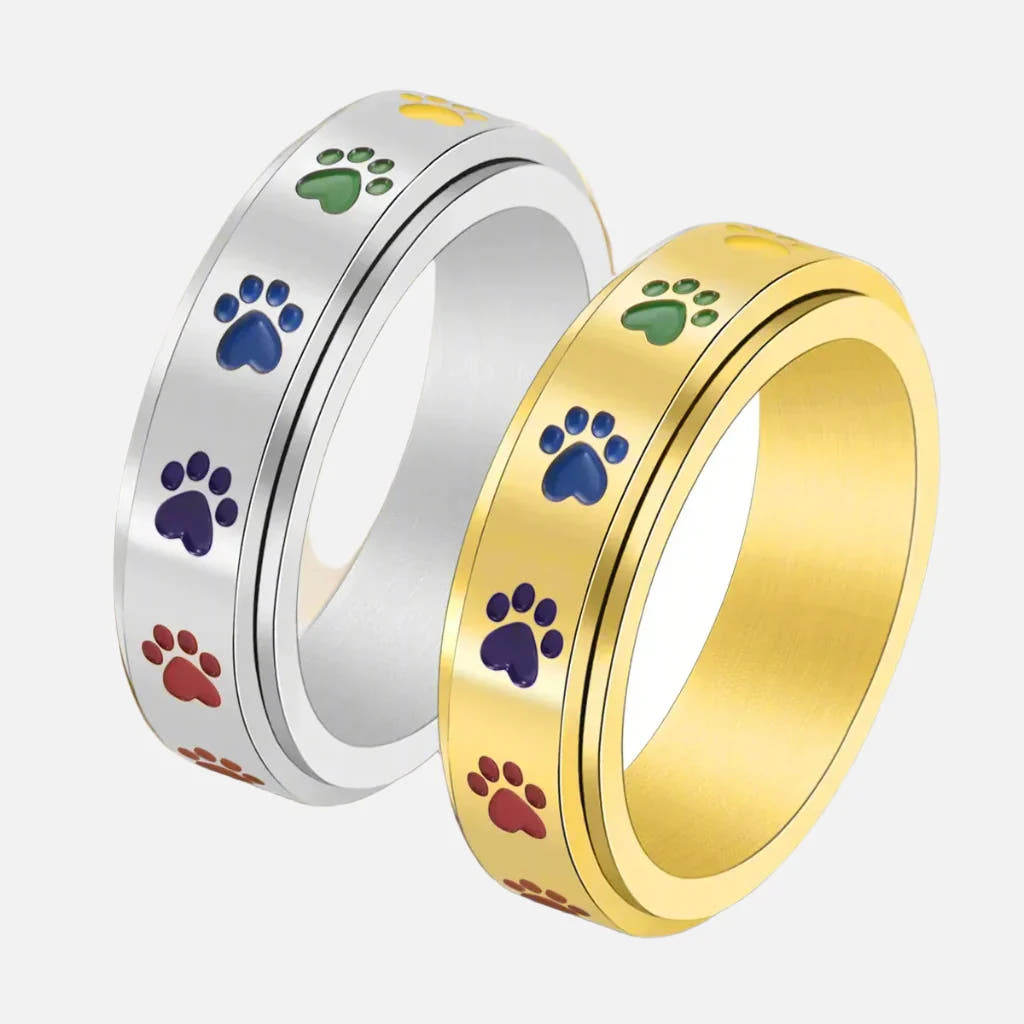 Spinning Paw Ring – Stainless Steel with Rainbow Paws