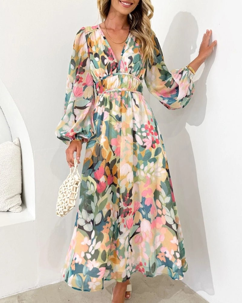 Violette | Floral Puff-Sleeve V-Neck Midi Dress
