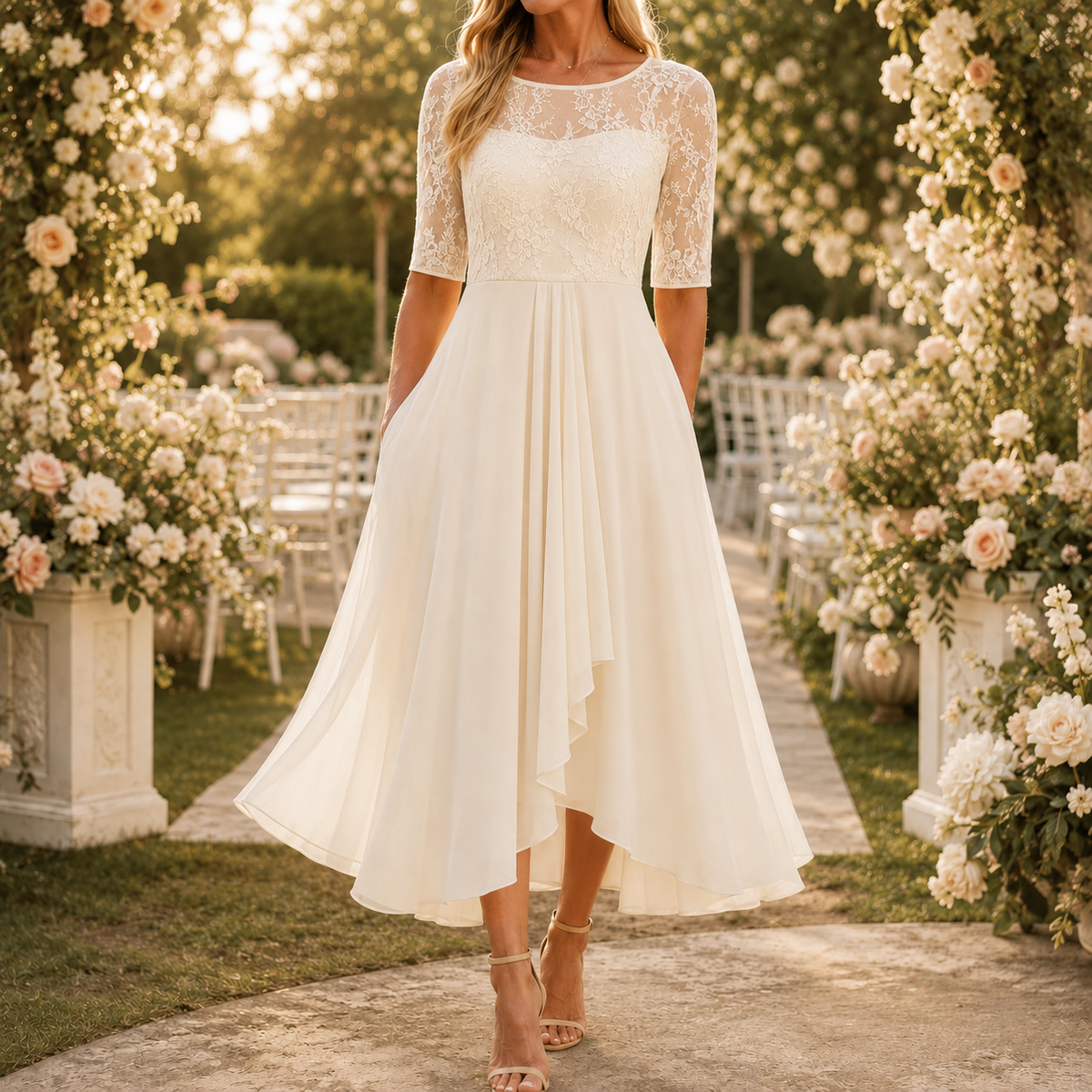 Elarose | Embroidered Lace Bodice Midi Dress