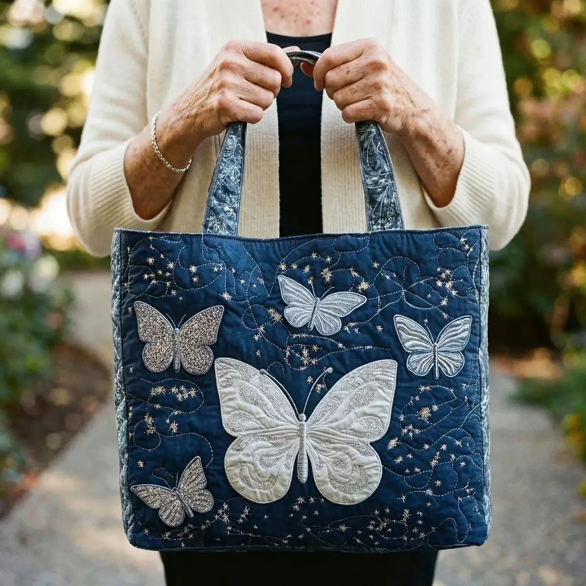 Erin | Silver Butterfly Quilted Tote