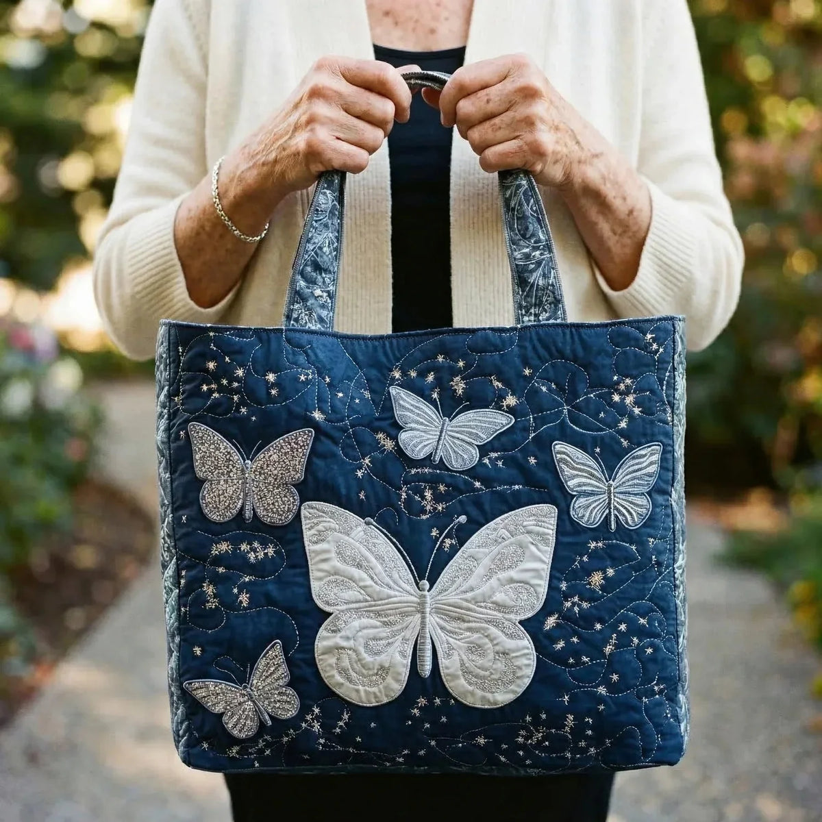 Erin | Silver Butterfly Quilted Tote