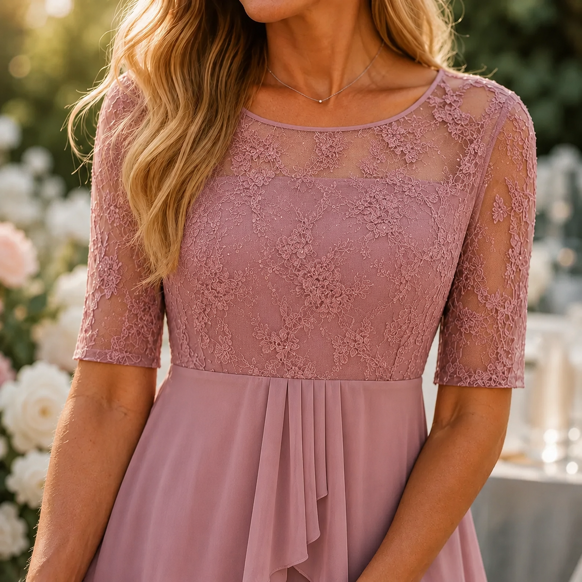 Elarose | Embroidered Lace Bodice Midi Dress