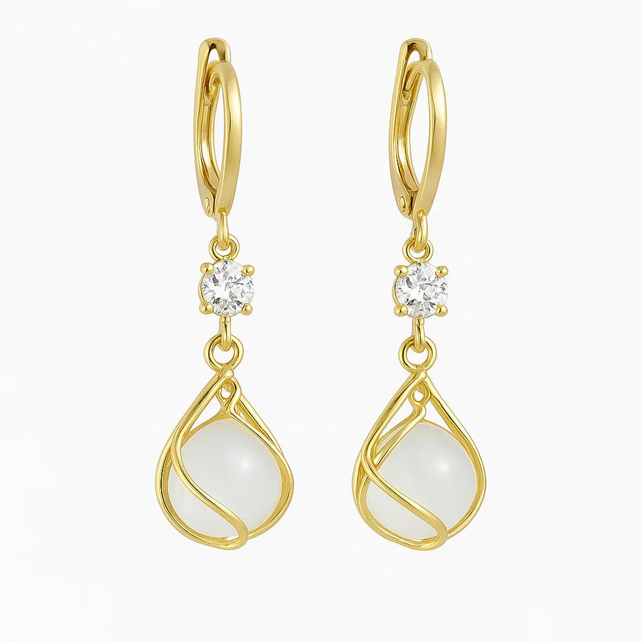 Gold Drop Earrings with White Opal