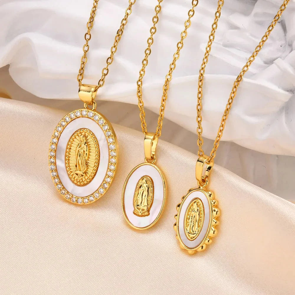 Gold Necklace with Oval Virgin Mary Pendant