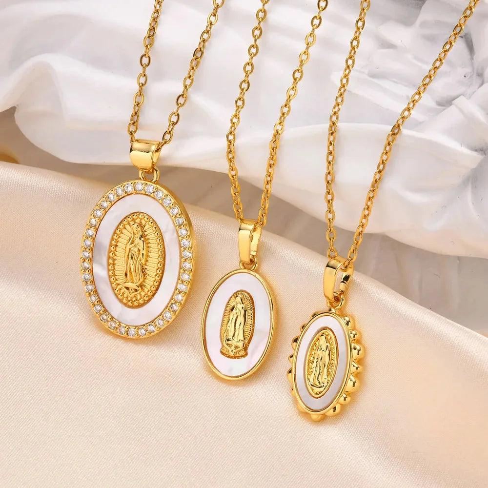 Gold Necklace with Oval Virgin Mary Pendant