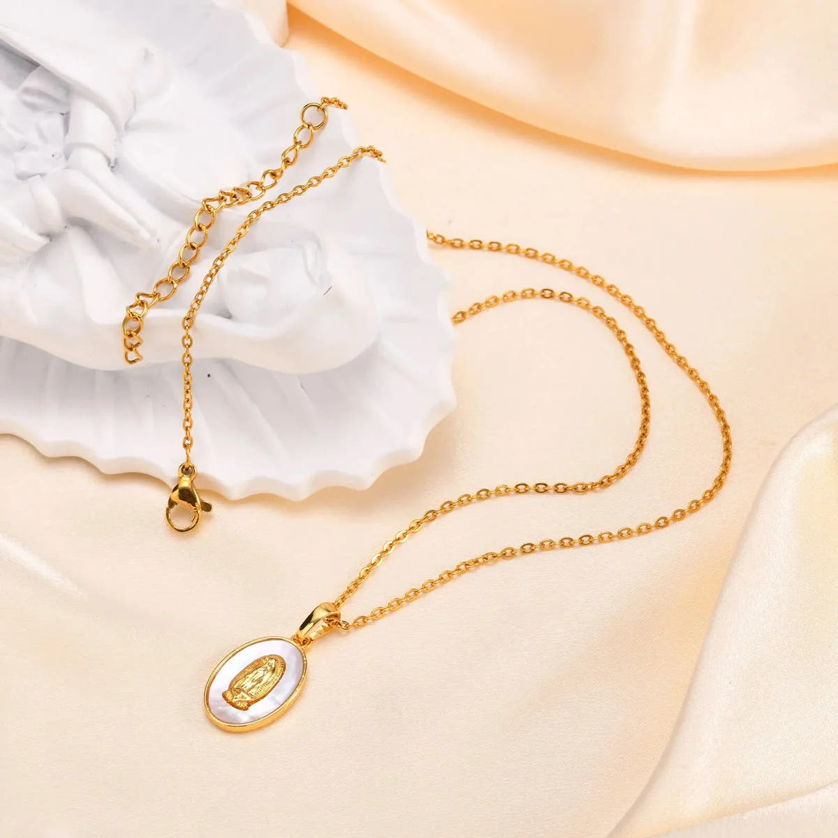 Gold Necklace with Oval Virgin Mary Pendant