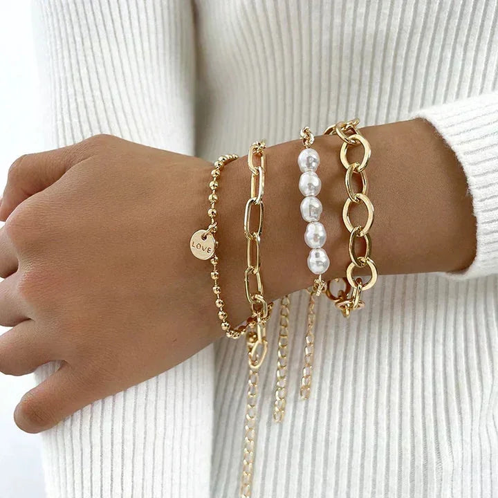 Golden Pearl Charm Bracelet Set