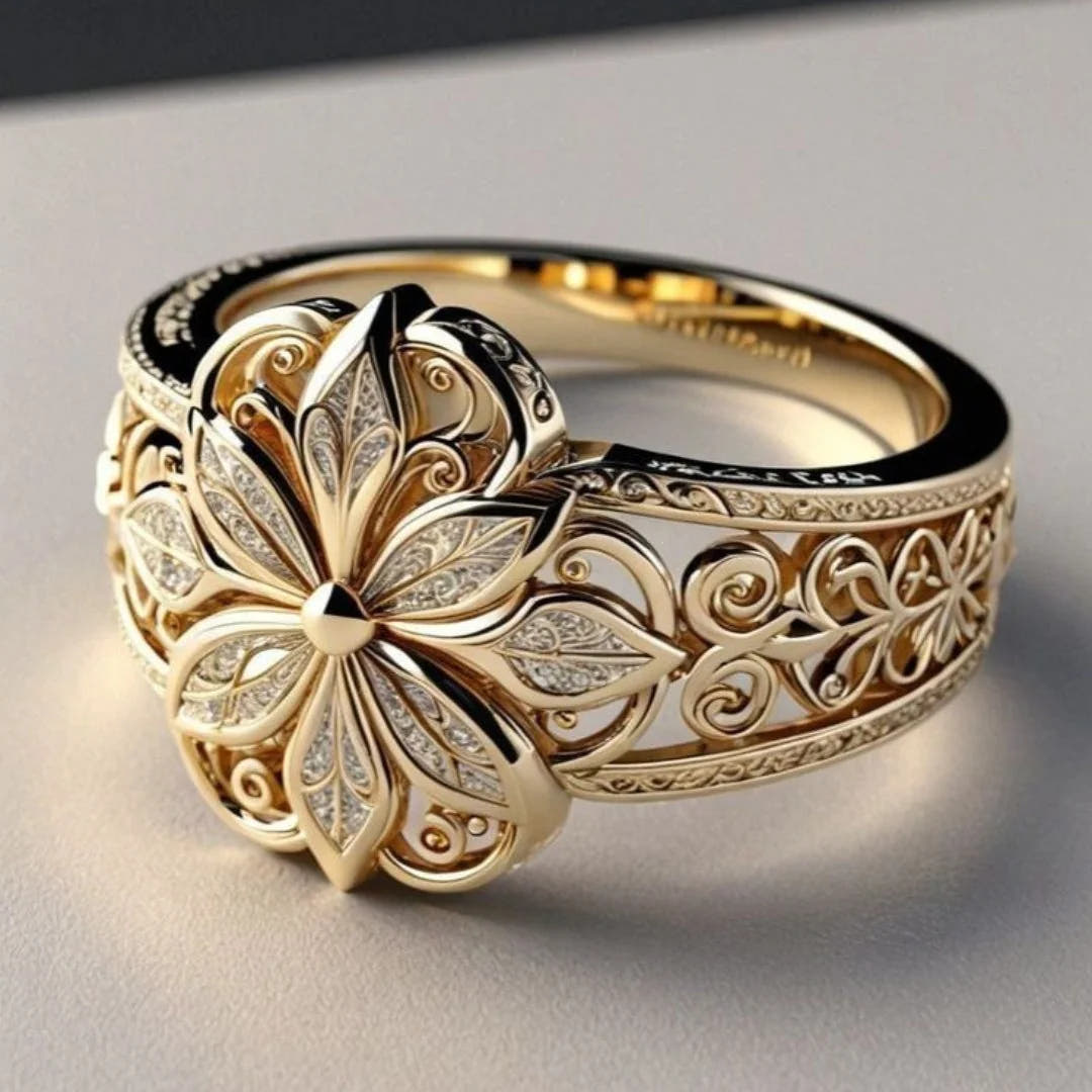 Golden Ring with Floral Zircons