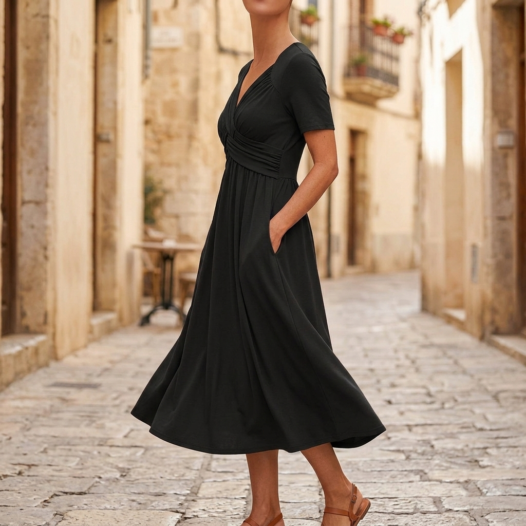 Veluna | Crossover V-Neck Midi Dress