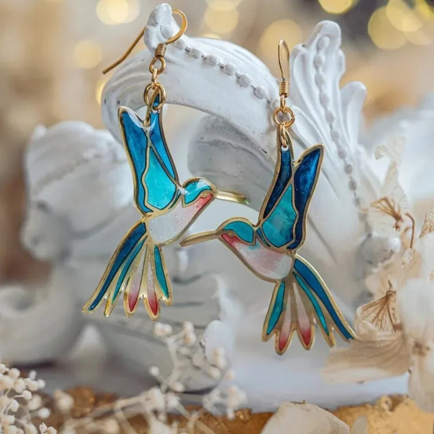 Hummingbird Drop Earrings in Gold and Blue Enamel