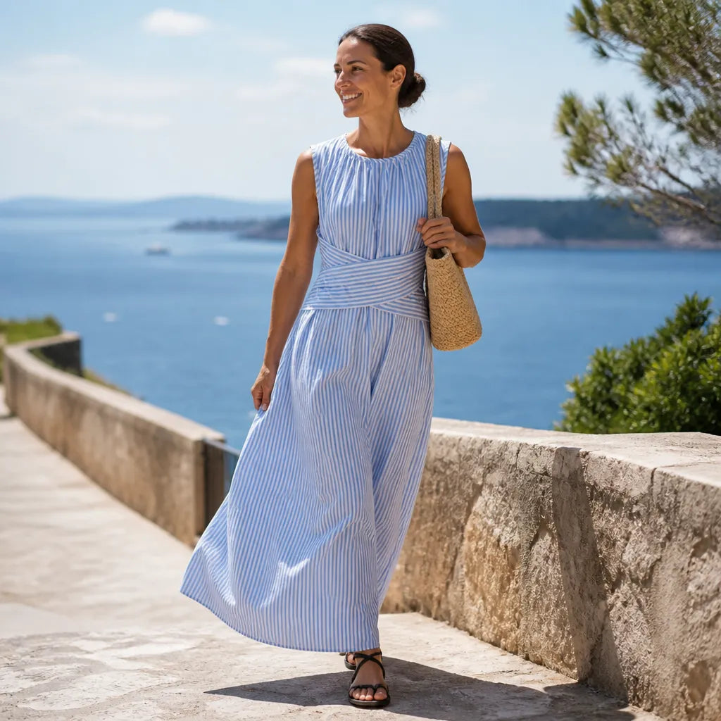 Marelle | Striped Wrap Waist Maxi Dress