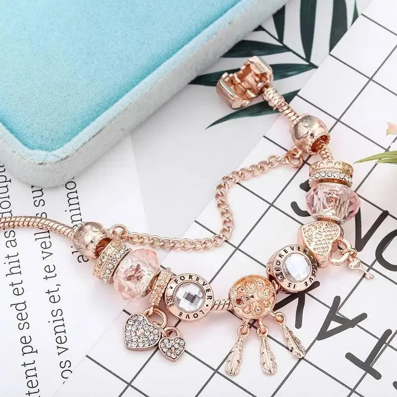 Pink Dreamcatcher Bracelet with Silver-Tone Charms Included
