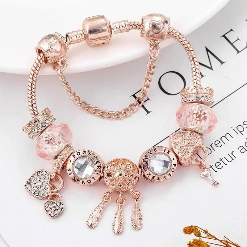 Pink Dreamcatcher Bracelet with Silver-Tone Charms Included