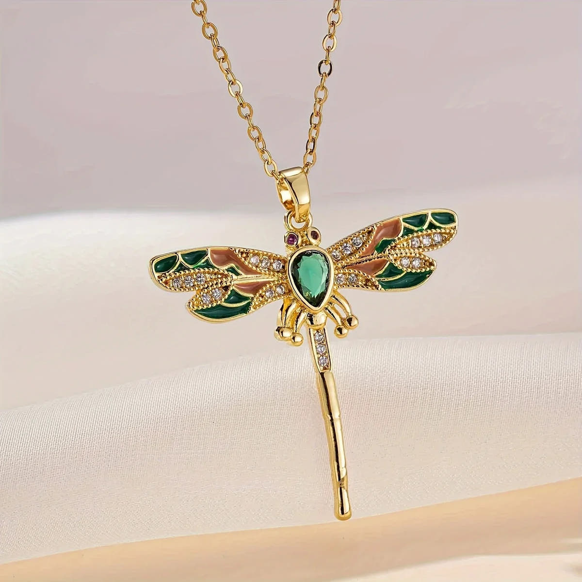 Radiant Necklace with Green Dragonfly