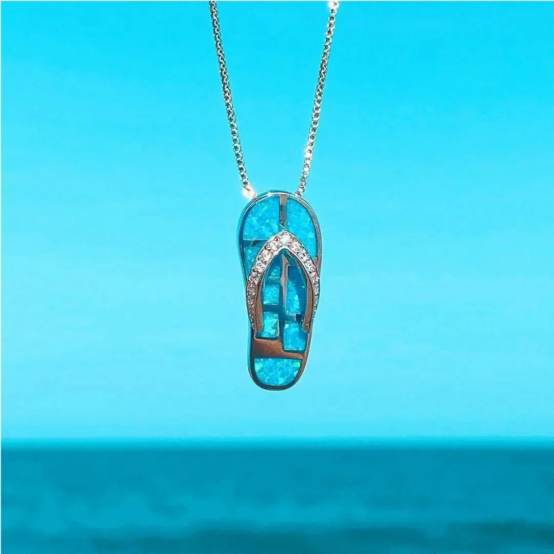 Silver-Tone Flip-Flop Pendant Necklace with Blue Opal