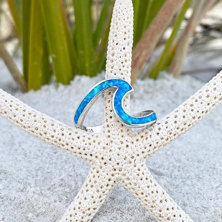 Wavy Silver Ring with Blue Opal-Style Stone