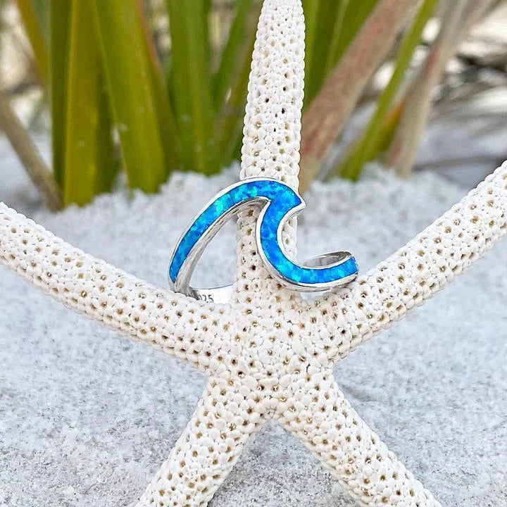 Wavy Silver Ring with Blue Opal-Style Stone