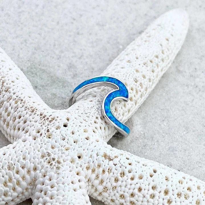 Wavy Silver Ring with Blue Opal-Style Stone