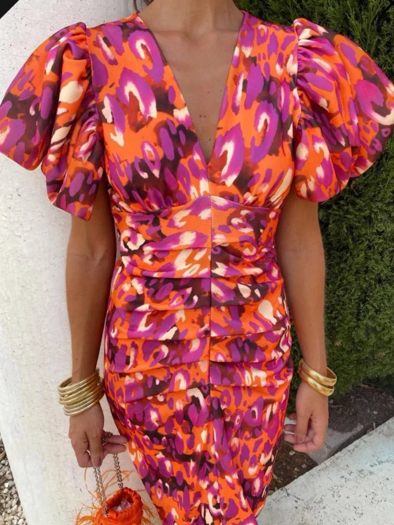 Annora | Ruched Puff-Sleeve Midi Dress