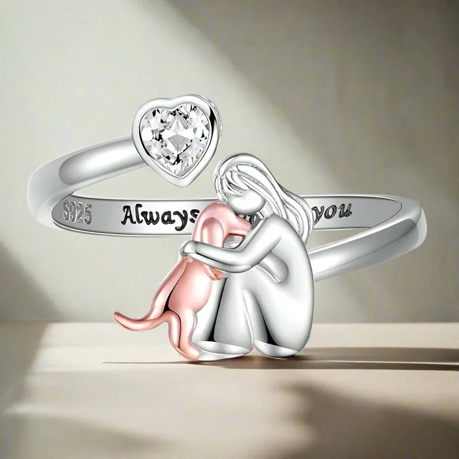 Adjustable Dog Ring in Silver – “Always in My Heart” with Zirconia