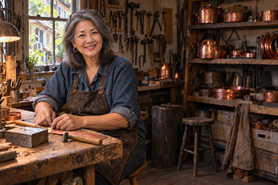 Emma at her copper workbench
